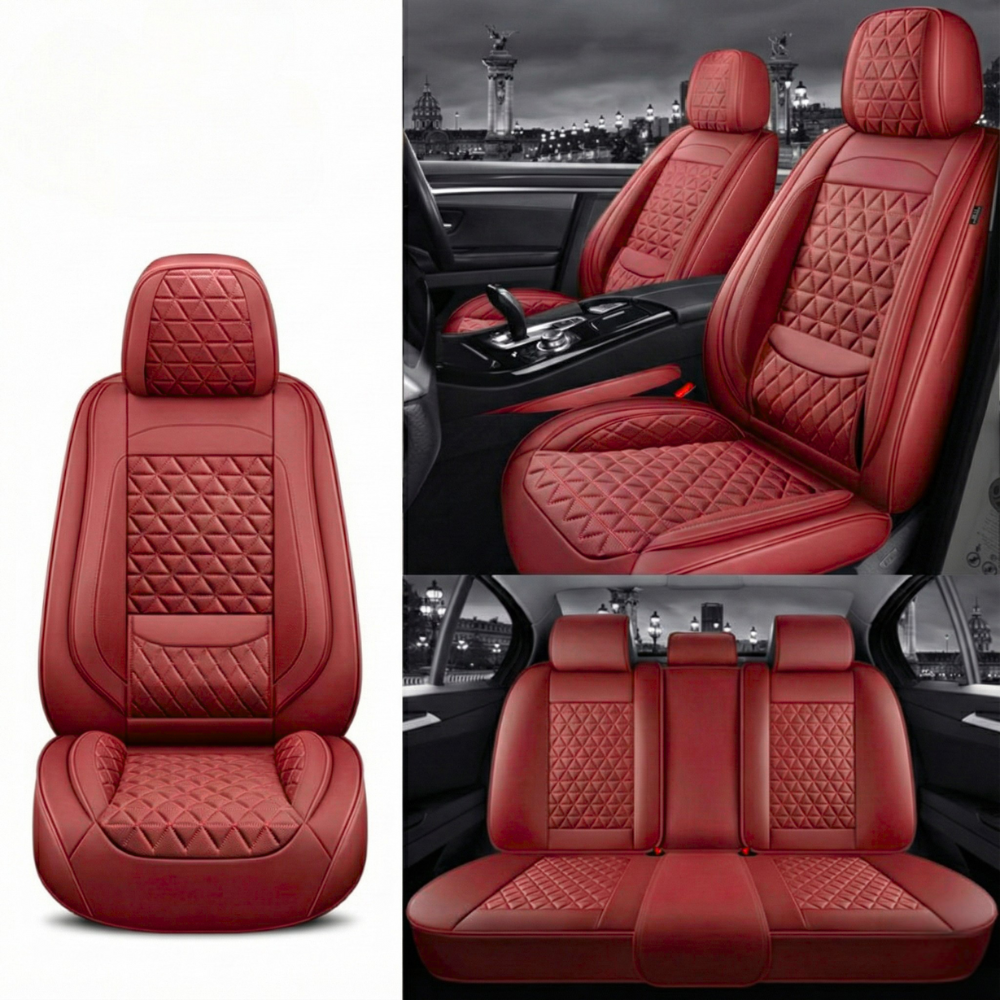 Wine Red Diamond Quilted Leather Car Seat Covers